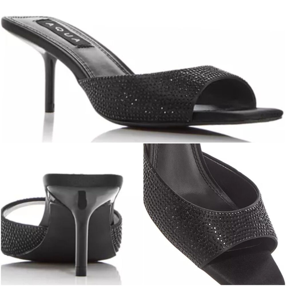 AQUA Women's Sz 7.5 Embellished Stiletto Mules Onyx Black Slip-on Sparkle NIB - Picture 16 of 16